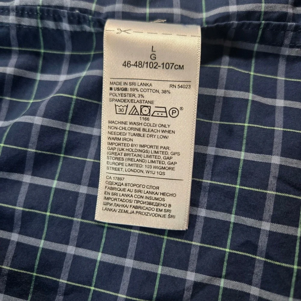 Banana Republic Mens L Slim Flex Fit Tech Stretch Cotton Navy Plaid Shirt 427632